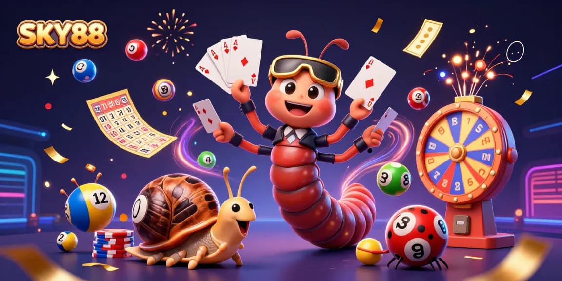 Experience the thrill of SKY88 with a vibrant scene featuring a millipede dealer and high-roller characters.