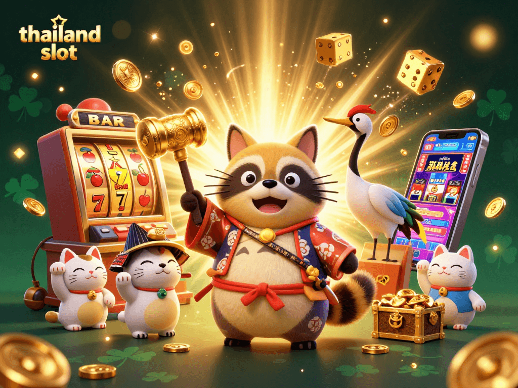 Engage with thrilling thailand slot adventures in this vibrant 3D casino illustration featuring lucky symbols and characters.