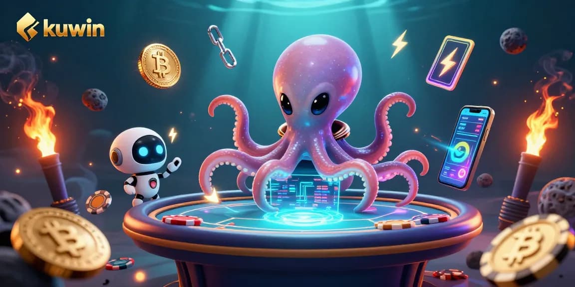 Kuwin casino showcases an alien octopus at a holographic poker table, surrounded by vibrant crypto-themed elements.
