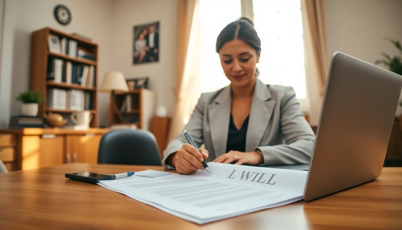 Drafting wills with professionalism and trust in a warm office setting.