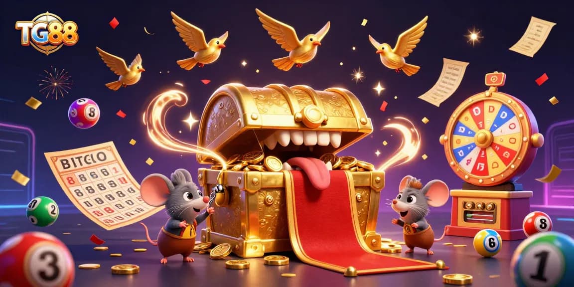 Experience thrilling gaming action at TG88 with an enchanting treasure scene filled with vibrant lottery elements.