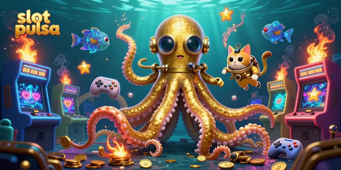 Engage in thrilling slot pulsa action with a kraken rising from treasure, surrounded by game elements.