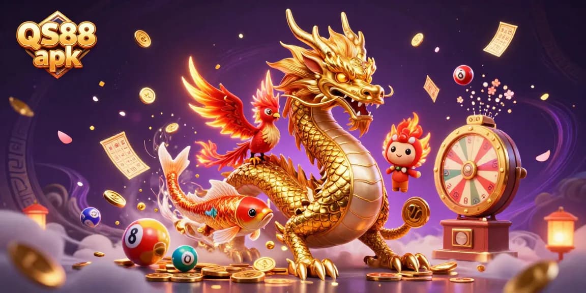 Engage with QS88 apk's vibrant gaming world featuring a dragon, phoenix, and koi fish amidst lottery excitement.