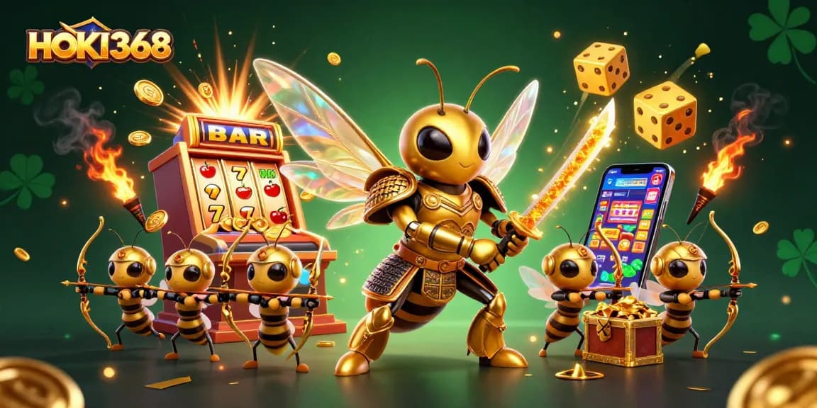 HOKI368 showcases an epic 3D casino scene featuring a golden hornet and dynamic gaming elements.