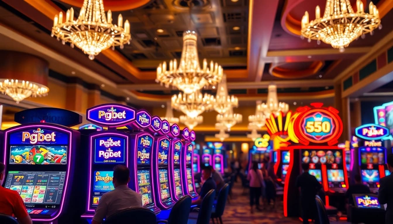 Taruhan pgbet slot dengan mesin di kasino yang ramai, menyajikan pengalaman bermain yang menggembirakan.
