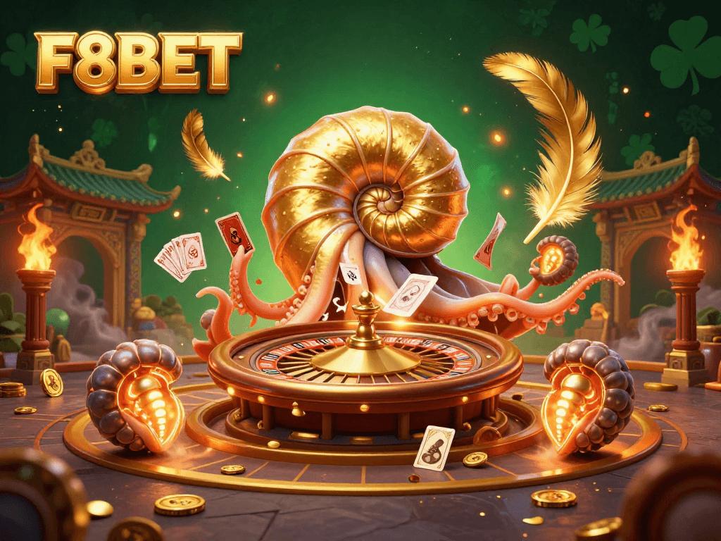 Experience thrilling gameplay at F8BET with a 3D illustration of a nautilus roulette wheel surrounded by gambling elements.