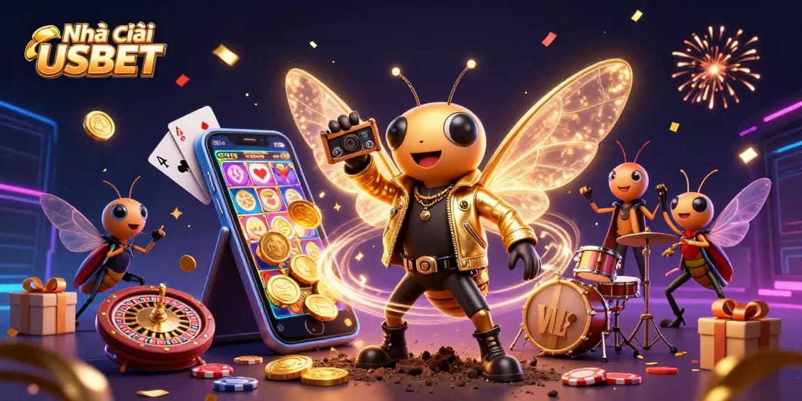 Experience the thrill at Nhà cái USBET with vibrant games and exciting features in a colorful 3D illustration.