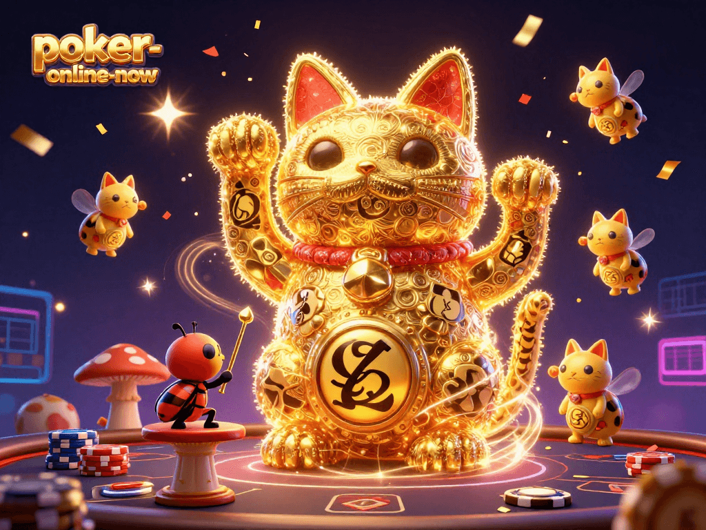 Engage in thrilling gameplay at poker-online-now with a vibrant lucky cat scene featuring poker elements.