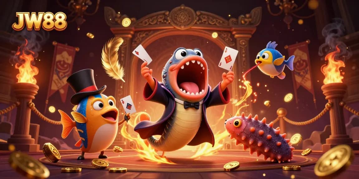 JW88's lively underwater casino scene with characters showcasing magic tricks and gambling elements
