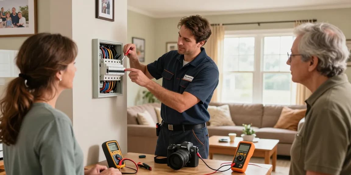 Electrical repair Stevens Point with a professional electrician inspecting a circuit breaker in a cozy family home.
