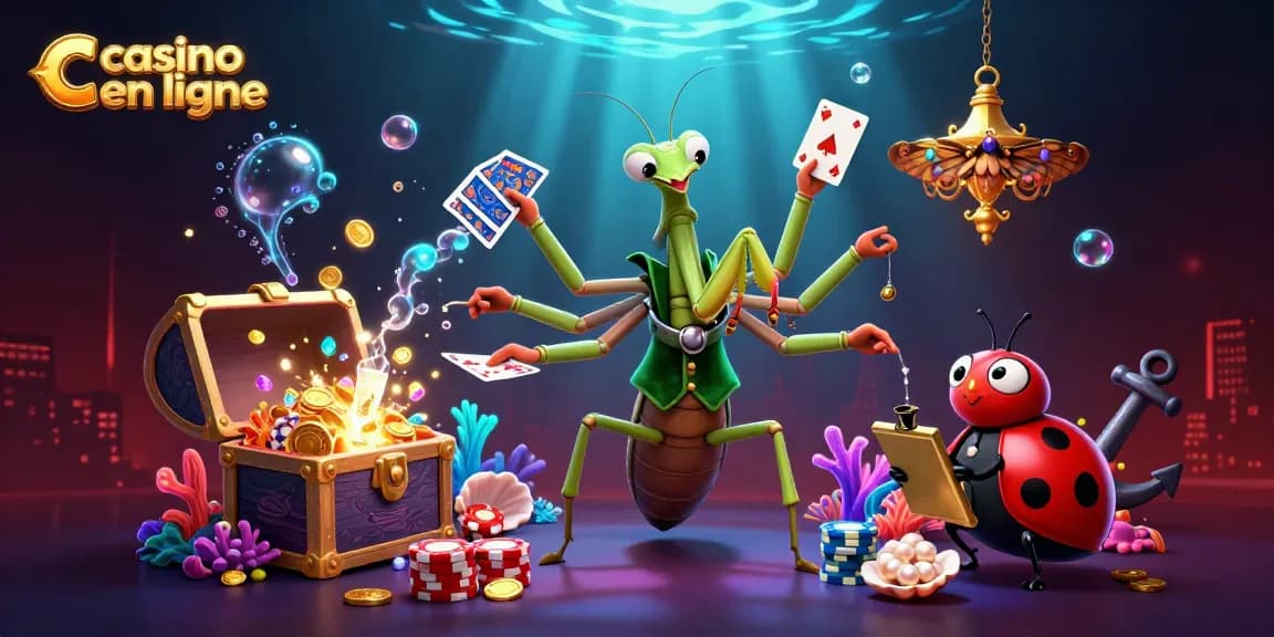 Plongez dans l'univers du casino en ligne avec des cartes et des jetons aux mains d'une mante géante.