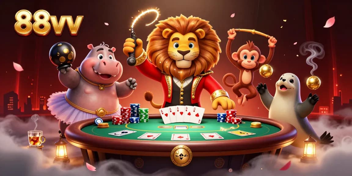 Experience thrilling poker action at 88vv with circus characters and vibrant game elements.
