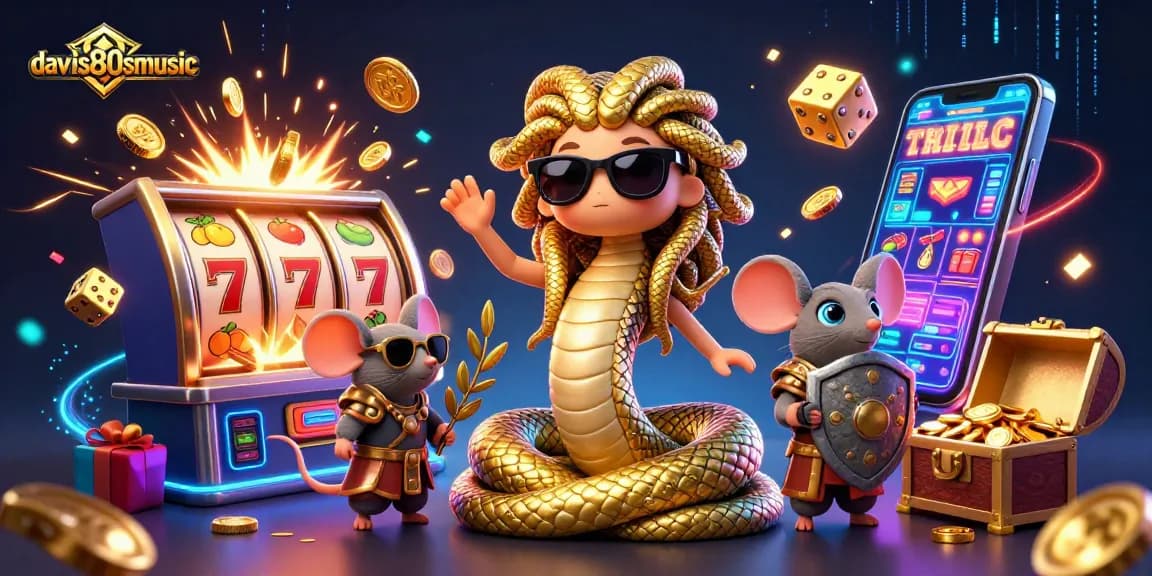 Spin the reels with davis80smusic as Medusa and a warrior celebrate casino jackpots!