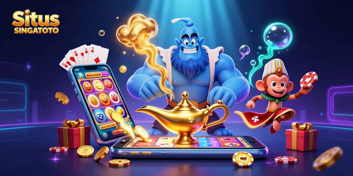 Situs SINGATOTO menghadirkan genies magis dan koin emas dalam ilustrasi kasino yang penuh warna.