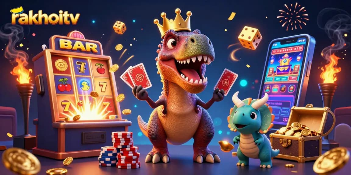 Experience thrilling gambling moments with rakhoitv as a T-Rex plays cards amidst colorful slots and coins.