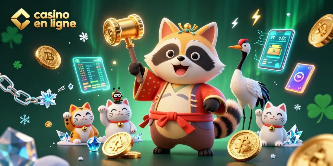 Jouer dans un casino en ligne : illustration d'un tanuki heureux et des malettes chanceuses avec des cryptomonnaies et des jeux