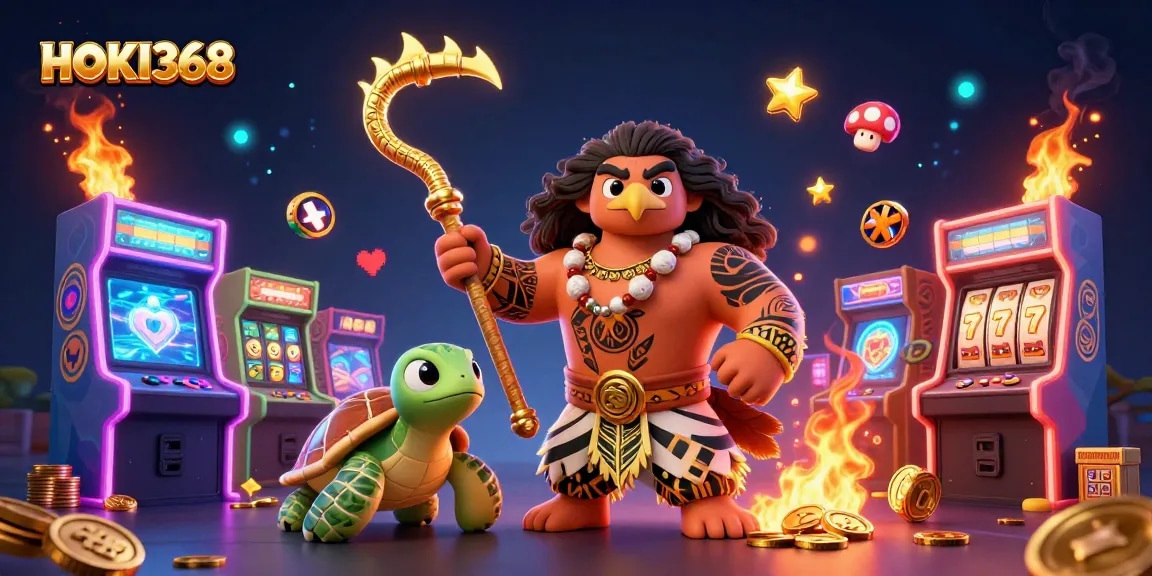 Engage in thrilling gameplay with HOKI368 in a vibrant casino scene featuring cartoon characters.