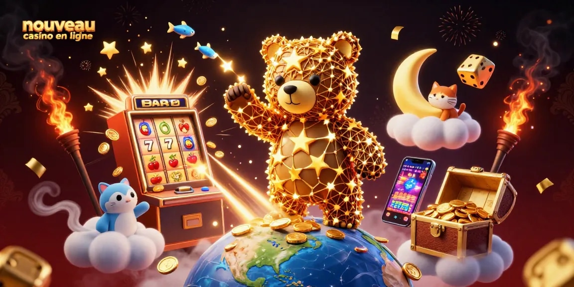 Ajoutez de la chance avec le nouveau casino en ligne grâce à cette illustration captivante de jackpots et personnages ludiques.