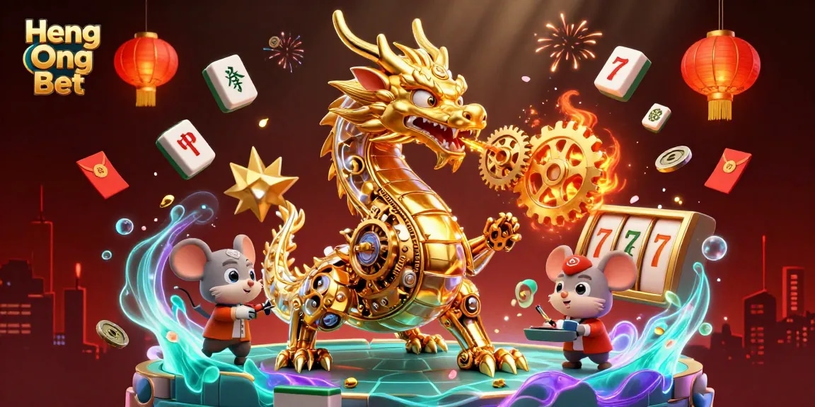 Engage with the vibrant Heng Ong Bet scene showcasing golden dragon, slot reels, and dynamic gameplay elements.