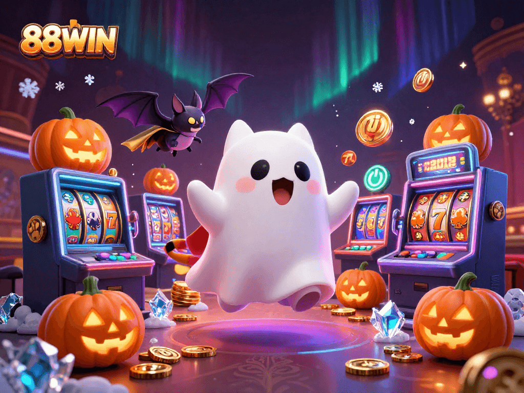 Experience thrilling gaming action at 88WIN with a ghost cat and vampire bat in a luxurious casino.