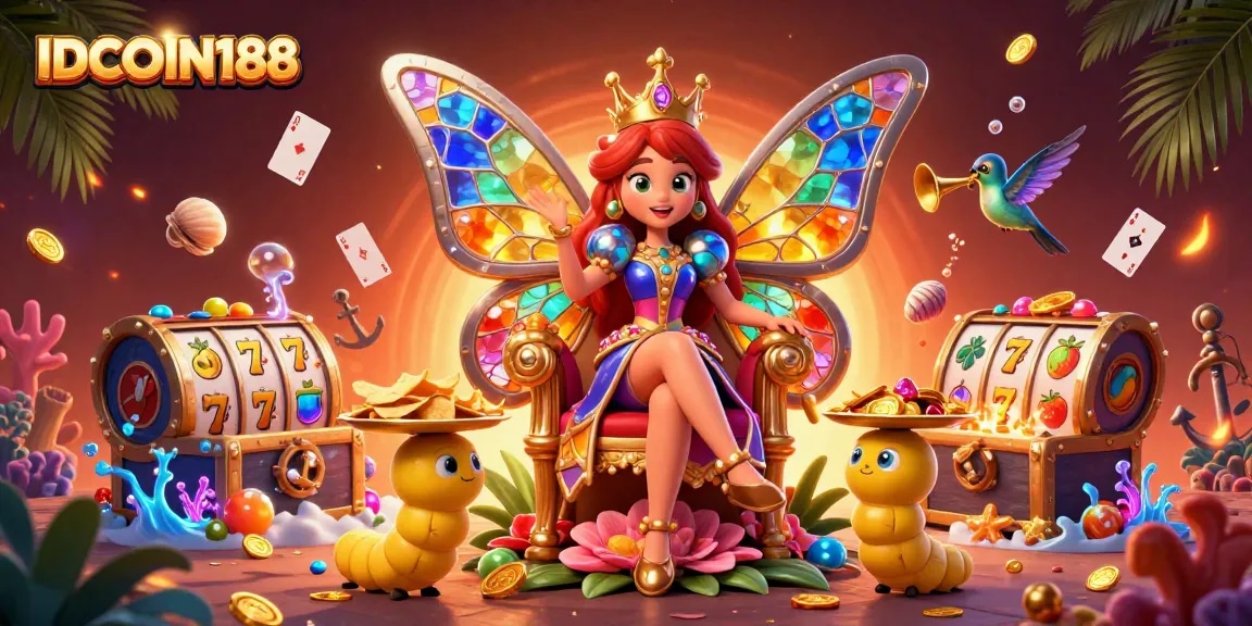 Engage with IDCOIN188 in a vibrant casino scene featuring a butterfly queen and slot elements.