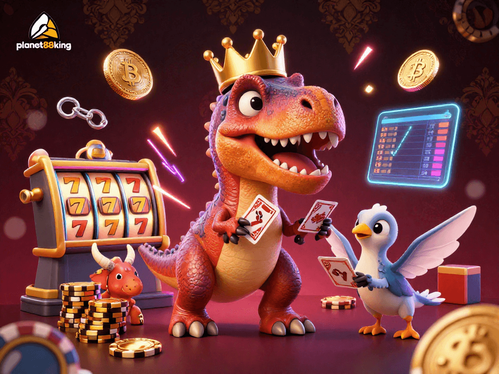Join the fun with planet88king, featuring T-Rex and friends in an exciting jackpot slot scene.