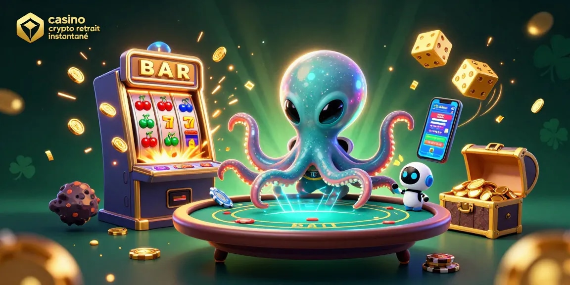 Le casino crypto retrait instantané avec des gains rapides grâce à un octopus extraterrestre et un robot sur un tableau de poker.