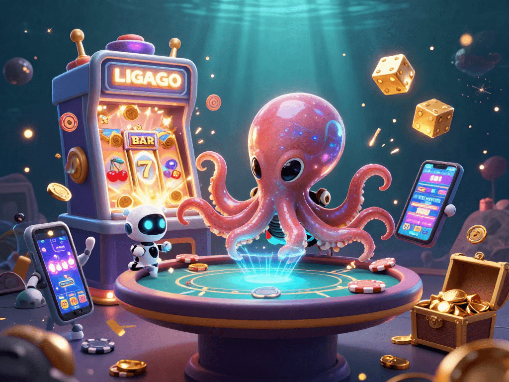 LIGALGO showcases a vibrant 3D alien-themed scene highlighting interactive digital casino gaming.