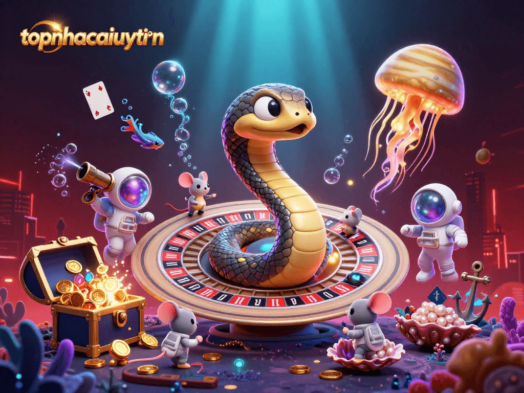 Engage with topnhacaiuytinn in a thrilling cosmic casino adventure featuring a Saturn ring roulette and vibrant characters.