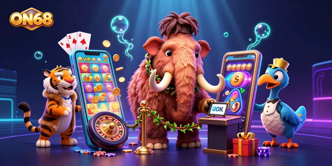 Experience ON68's vibrant casino scene with a woolly mammoth bouncer and dynamic gaming elements.