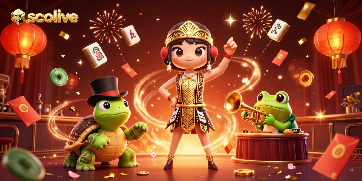 Socolive offers vibrant online gambling experiences, showcased by 3D characters in a dazzling promotional scene.