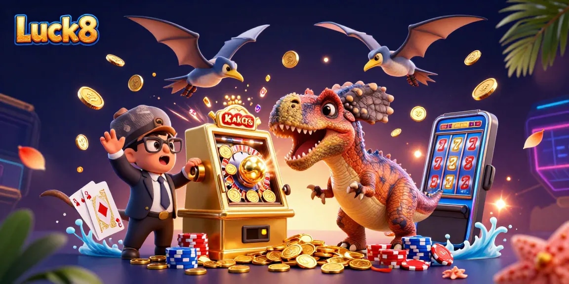 Luck8 showcases a pachycephalosaurus winning a jackpot at a slot machine amidst flying coins and vibrant casino chaos.