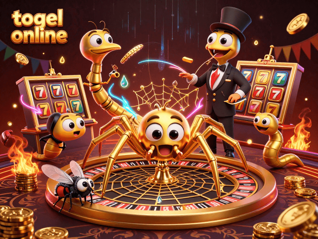 Engage in togel online gaming with a colorful scene featuring a golden spider and casino elements.