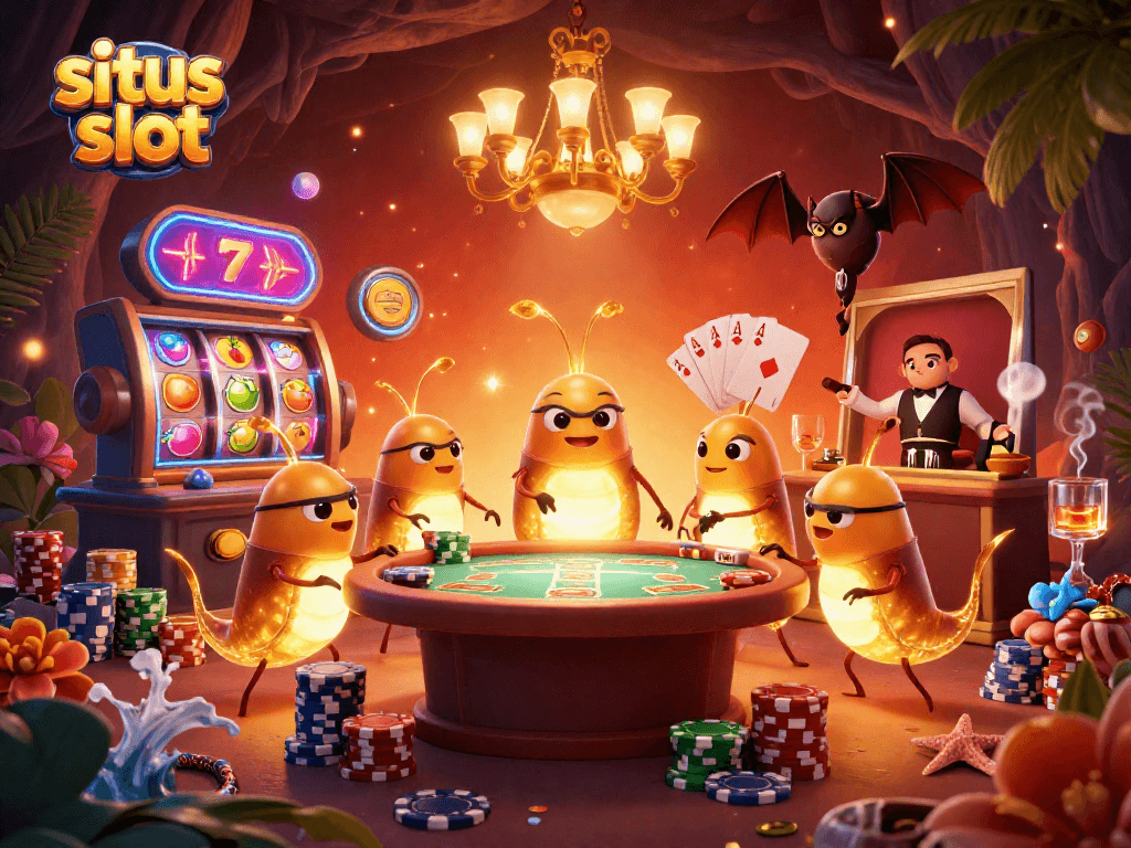 Bermain situs slot dengan karakter unik di kasino gua, meriah dan berwarna-warni.