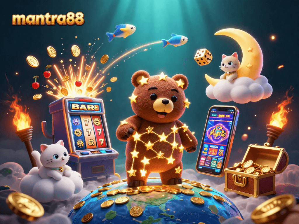 Experience thrilling wins at mantra88 with lively slot machines, golden stars, and vibrant casino elements.