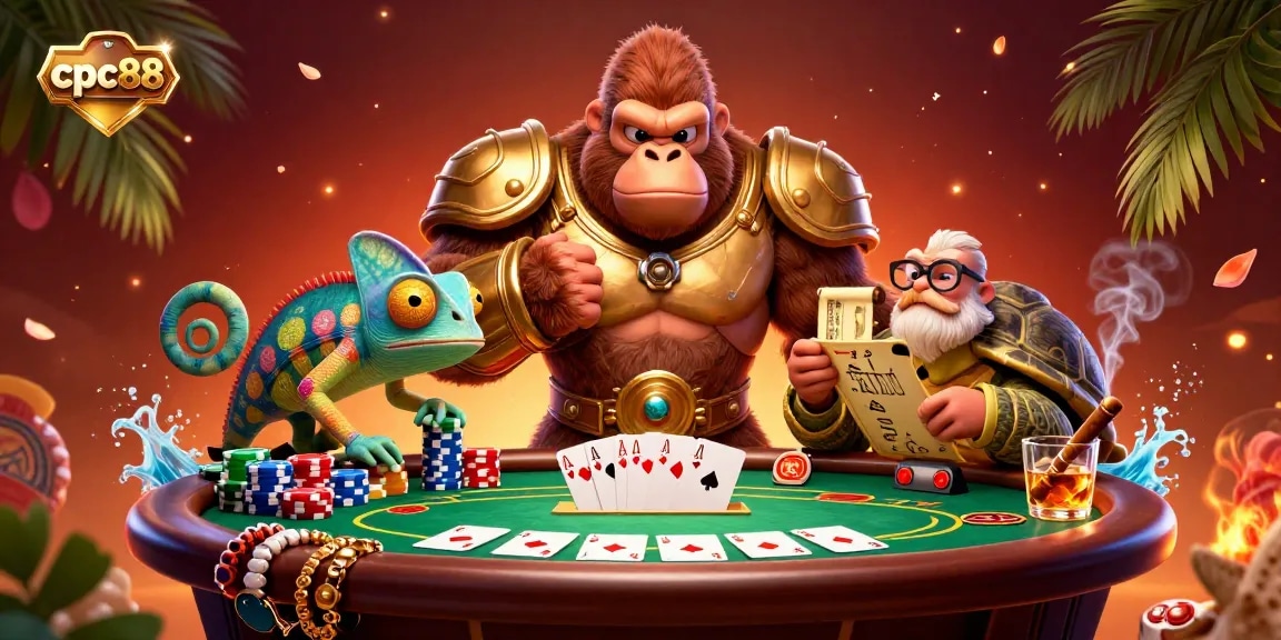 CPC88 showcases a powerful gorilla king betting at a vibrant poker table, a dynamic scene in an online casino environment.