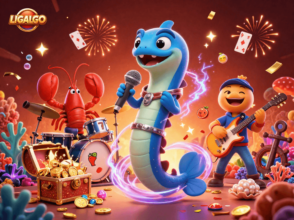 LIGALGO showcases a vibrant underwater casino with an electric eel DJ performing, surrounded by casino-themed elements and dazzling effects.