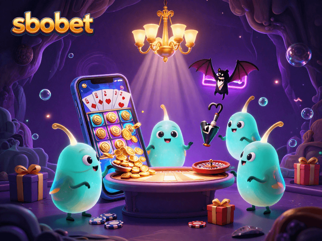 Sbobet enhances online gaming with a vibrant cave casino scene illuminated by glowworms, showcasing thrilling gaming elements.