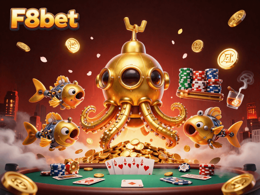 Experience the thrill of F8bet poker with vibrant characters amidst golden coins.