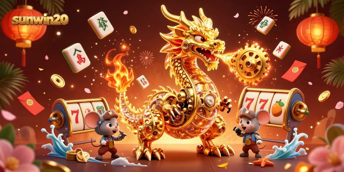 Experience sunwin20 with a golden dragon illustration surrounded by vibrant casino elements.