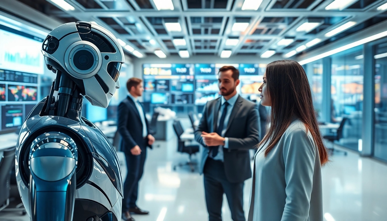 Ai Bots engaging in teamwork within a modern office, highlighting innovation and collaboration.