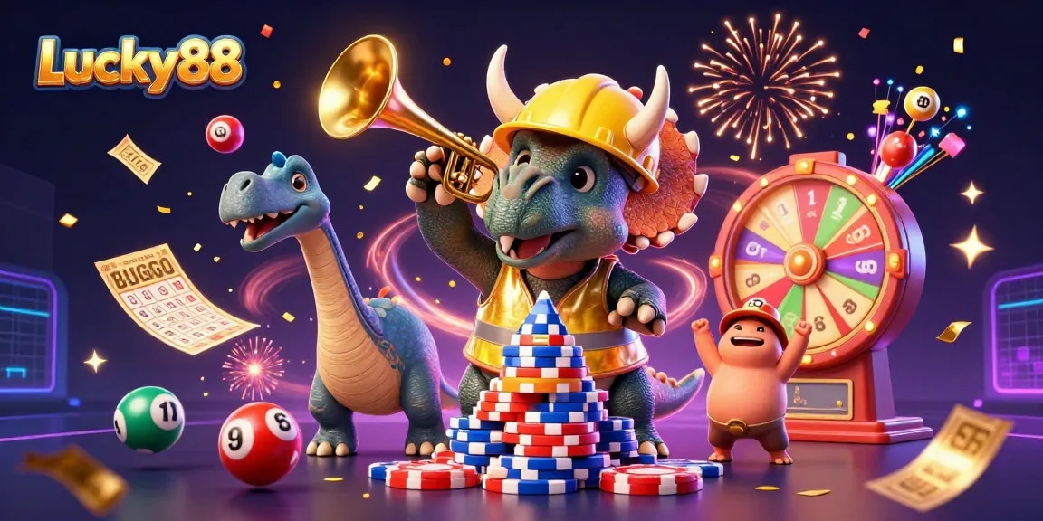 Win big with Lucky88's vibrant 3D casino celebration scene featuring exciting games and fun characters.