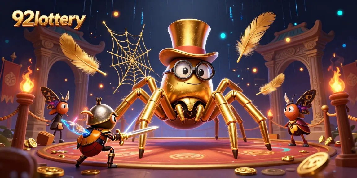 Join the 92lottery adventure featuring a golden tarantula and beetle knight in a casino-themed duel.