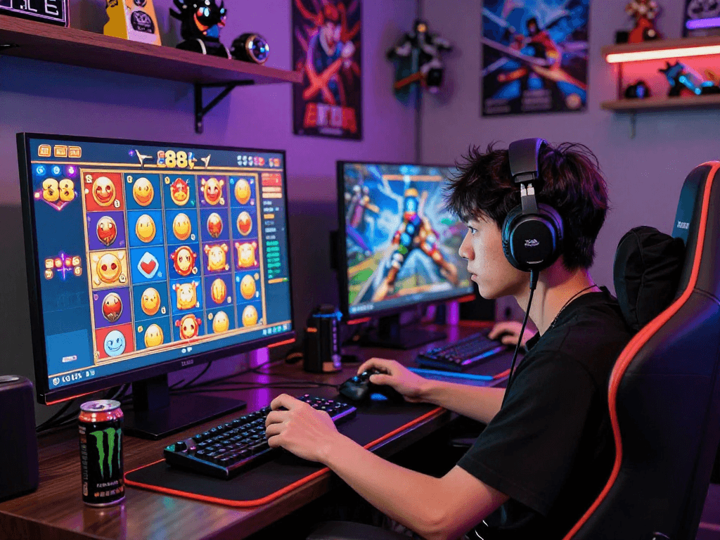 Pemain slot88 sedang fokus di layar dengan grafis permainan yang cerah dan suasana gaming yang energik.
