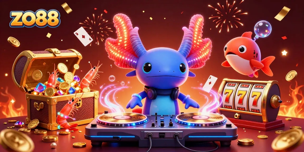 Enjoy thrilling wins at zo88 with a vibrant casino atmosphere featuring 3D axolotl DJ and dynamic elements.