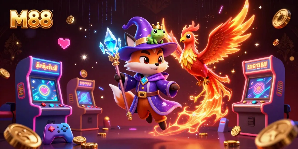 Engage with M88's thrilling online casino games featuring vibrant wizards and golden sparkles!