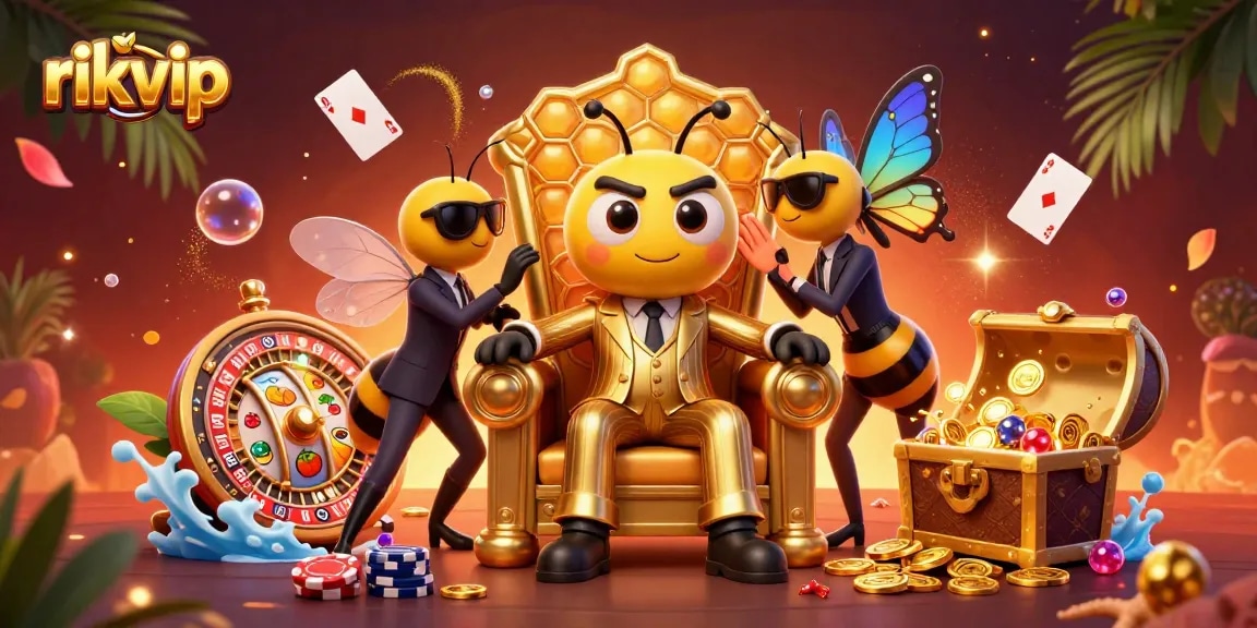 Experience the thrill with rikvip in this vibrant casino scene featuring a bumblebee mob boss surrounded by games and treasures.