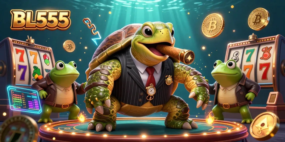 Experience unbeatable gameplay at BL555 with a vibrant 3D casino illustration featuring a snapping turtle and bullfrog enforcers.