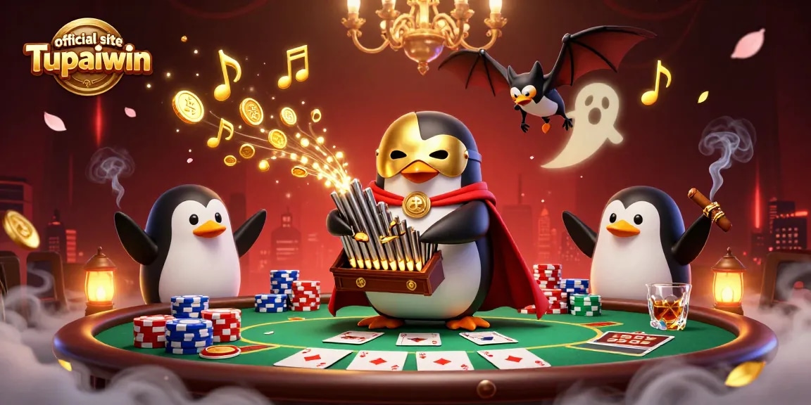Menggali keseruan di situs resmi Tupaiwin dengan karakter kartun penguin bermain organ sambil mengeluarkan koin emas.