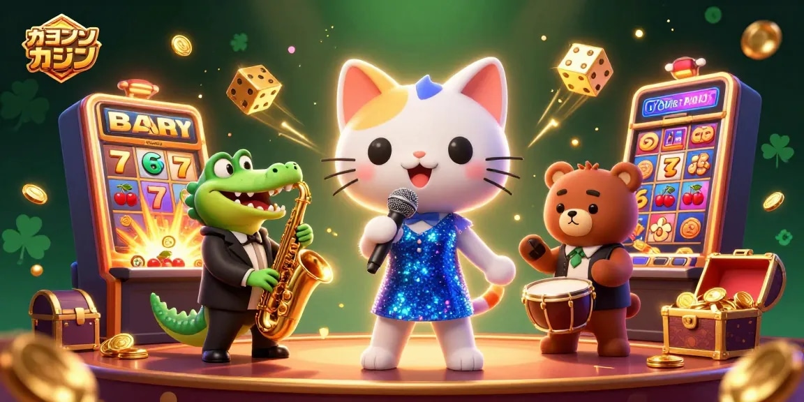 オンラインカジノ アプリで楽しむキュートなキャラクターたちの活気あふれるカジノシーン。